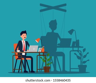 Businessman his shadow as puppet, Person at office desk concept, Cartoon character vector design.