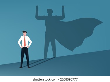 Businessman with his shadow superhero. courage, leadership,  ambition and success concept, flat vector illustration