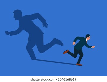 Businessman and his shadows running in different direction. Avoid from working stress, conflict with people or escape from financial problem or economic crisis concept. Flat vector illustration.