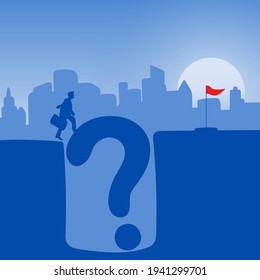 businessman with his suitcase walking across question mark to red flag in blue gradient shade background illustration vector. Problem solution business concept. 