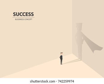 Businessman with his superhero shadow on the wall of achievement. Business concept of great vision, leadership, ambition and teamwork. Vector illustration.