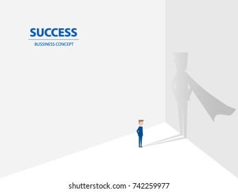 Businessman with his superhero shadow on the wall of achievement. Business concept of great vision, leadership, ambition and teamwork. Vector illustration.