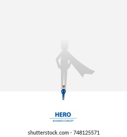 Businessman with his superhero shadow on the wall of achievement. Business concept of great vision, leadership, ambition and teamwork. Vector illustration.