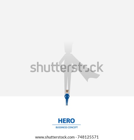 Businessman with his superhero shadow on the wall of achievement. Business concept of great vision, leadership, ambition and teamwork. Vector illustration.