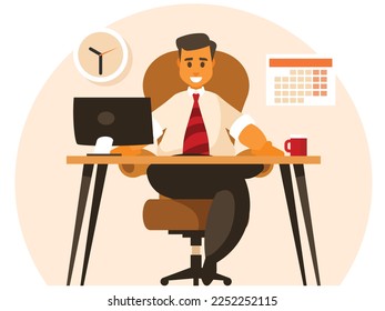 Businessman at his workplace. Man is working at his desktop pc. Vector illustration