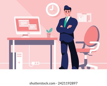 Businessman at his workplace. Businessman stands with arms crossed on chest. Standing confident man in a suit and tie. Office workplace. Desk with computer and office chair. Vector graphics