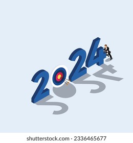 Businessman hit bulls eye on target in 2024 isometric 3d vector illustration concept for banner, website, illustration, landing page, flyer, etc