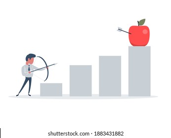 A businessman hit by an arrow in an apple. Shooting from a bow and arrow, this is a sign of progress in increasing business sales. Growing business concept. Stock flat vector illustration.