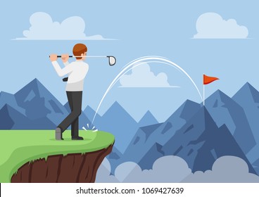 Businessman hit golf and making a hole in one across the mountain. Business success and effective leader concept.