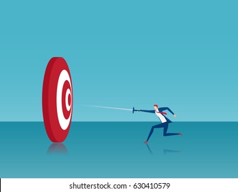  Businessman hit the target with sword. Reaching success business concept. Cartoon Vector Illustration.