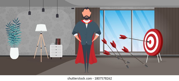 Businessman hits the target. Hit the center of the target with an arrow. Businessman with a red cloak. The concept of motivation and achievements in business. Vector.
