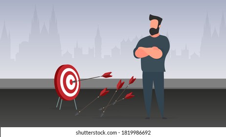 Businessman hits the target. Hit the center of the target with an arrow. The concept of motivation and achievements in business. Vector.