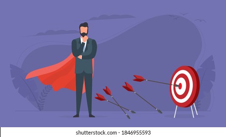 Businessman hits the target. Hit the center of the target with an arrow. The concept of motivation and achievements in business. Vector.