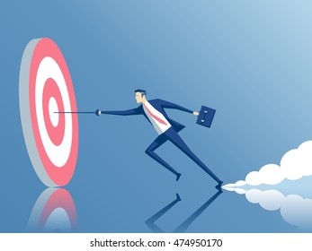 businessman hits the target with a rapier, employee running fast to the goal, business concept of purpose and success