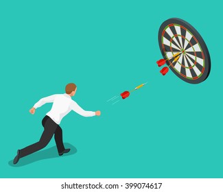 Businessman hitting the center of target. Aiming for a high target concept. Business idea concept. Flat 3d isometric vector illustration.