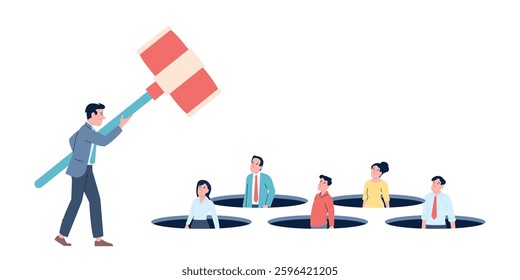 Businessman hitting employee. Boss holding giant hammer and choose worker. Competition in labor market, search for employees and work recent vector scene
