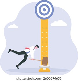 Businessman hitting a success tester machine with a hammer to target

