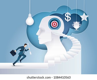 Businessman hold arrow Running up stairway to the target on Human Head, Goal as Think, Business concept growth to success, Reach the target, Positioning strategy in consumer customer, Paper art vector