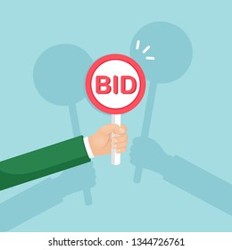 Businessman hold auction paddle in hand. Bidding, auction competition concept. People rise signs with BID inscriptions. Business trade process. Vector flat design