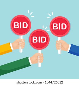 Businessman hold auction paddle in hand. Bidding, auction competition concept. People rise signs with BID inscriptions. Business trade process. Vector flat design