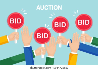 Businessman hold auction paddle in hand. Bidding, auction competition concept. People rise signs with BID inscriptions. Business trade process. Vector flat design