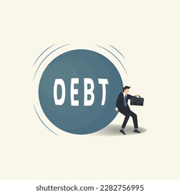 Businessman hold back the big debt ball. Debt and financial controlling illustration