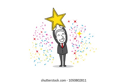 Businessman hold big gold star. business cartoon concept. isolated vector illustration outline hand drawn doodle line art cartoon design character.