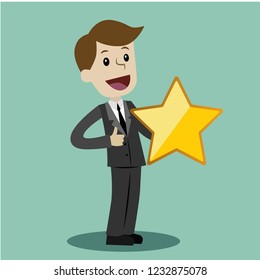 Businessman hold a big gold star. Victory, rating.