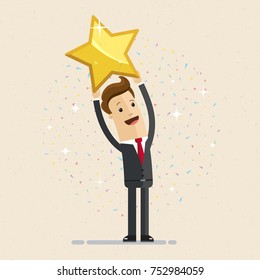 Businessman hold a big gold star. Victory, rating. Vector, illustration, flat.