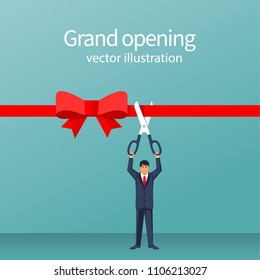 Businessman is hold big scissors cutting red ribbon. Isolated on white background. Grand opening concept. Vector illustration flat design. Template ceremony, celebration, presentation and event.