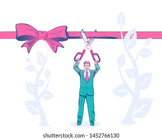 Businessman is hold big scissors cutting red ribbon. Isolated on white background. Grand opening concept. Vector illustration sketch design. Template ceremony, celebration, presentation and event.