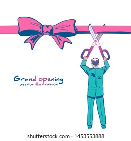 Businessman is hold big scissors cutting red ribbon. Isolated on white background. Grand opening concept. Vector illustration sketch design. Template ceremony, celebration, presentation and event.