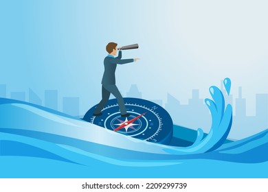 Businessman hold binocular on navigation compass find way for business survive on storming ocean. Business vision and management problem solving from global economic crisis. 