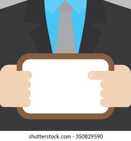 Businessman hold blank whiteboard.