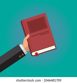 Businessman Hold a Book in His Hand, Business Foundation Bible in the iSolated Green Background. Flat Vector.