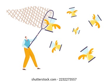 Businessman hold butterfly net chase hourglass, concept business time management deadline flat vector illustration, isolated on white.