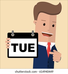 Businessman hold a calendar on his hand with sign Tuesday. Vector, illustration, flat