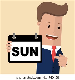Businessman hold a calendar on his hand with sign Sunday. Vector, illustration, flat