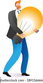 Businessman hold carry creative idea light bulb, male character inspiration brainstorming cartoon vector illustration, isolated on white. Concept business startup, new company thought.