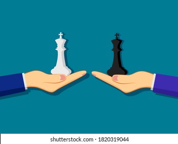 Businessman hold chess pieces in hands. Business competition concept
