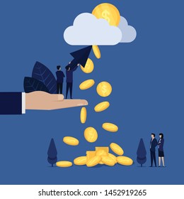 Businessman hold click and pointing cloud coins fall metaphor of pay per click. Illustration For Wallpaper, Banner, Background, Book Illustration, And Web Landing Page.