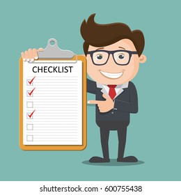 Businessman Hold Clipboard And Checklist - Vector Illustration