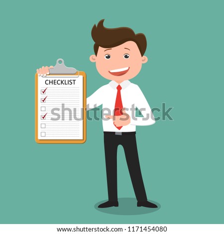 Businessman hold clipboard and checklist - vector illustration