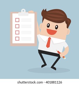 Businessman hold clipboard and pencil.