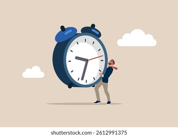 Businessman hold of clock. 24-7 support service,  working hours.  Flat vector illustration.