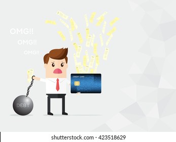 businessman hold credit card and bills getting debt because spend money extravagantly. 