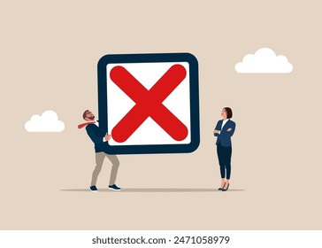 Businessman hold of cross checkbox. Rejection business investment. Modern vector illustration in flat style. 