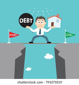 Businessman hold debt burden and house, illustration vector cartoon