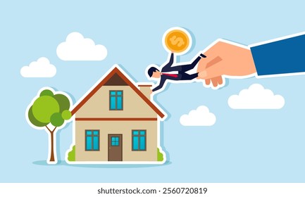 A businessman hold a dollar coin is pulled by a hand while tightly grip a house chimney, illustration of recruit a financial manager from their comfort zone in a previous company