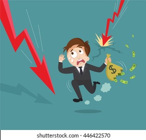 Businessman hold empty bag money running away failure down arrow, vector illustration cartoon